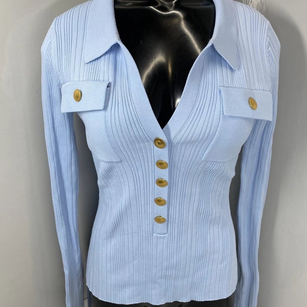 NEW CARA CARA Women's Knit Top Sky Blue Size S Belleport Ribbed V-Neck Shirt